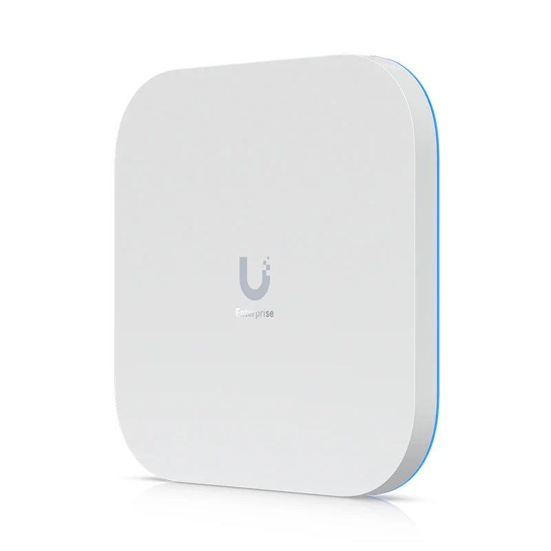 White UniFi Enterprise access point with a blue edge light